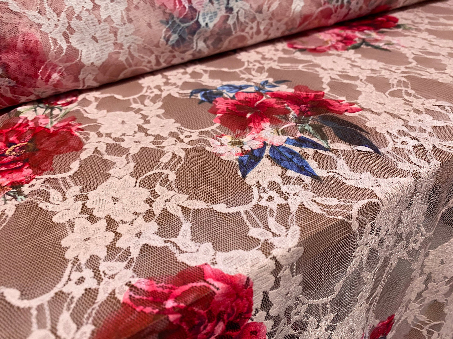 Printed stretch lace dress fabric, per metre - pink floral rose print