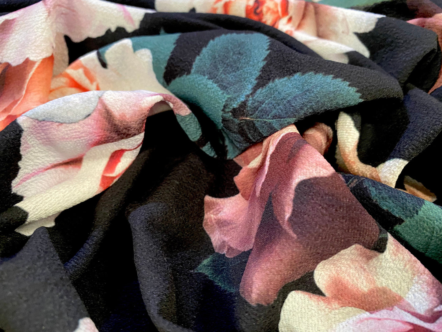Bubble crepe woven dress fabric with comfort stretch - black with pink Roses print