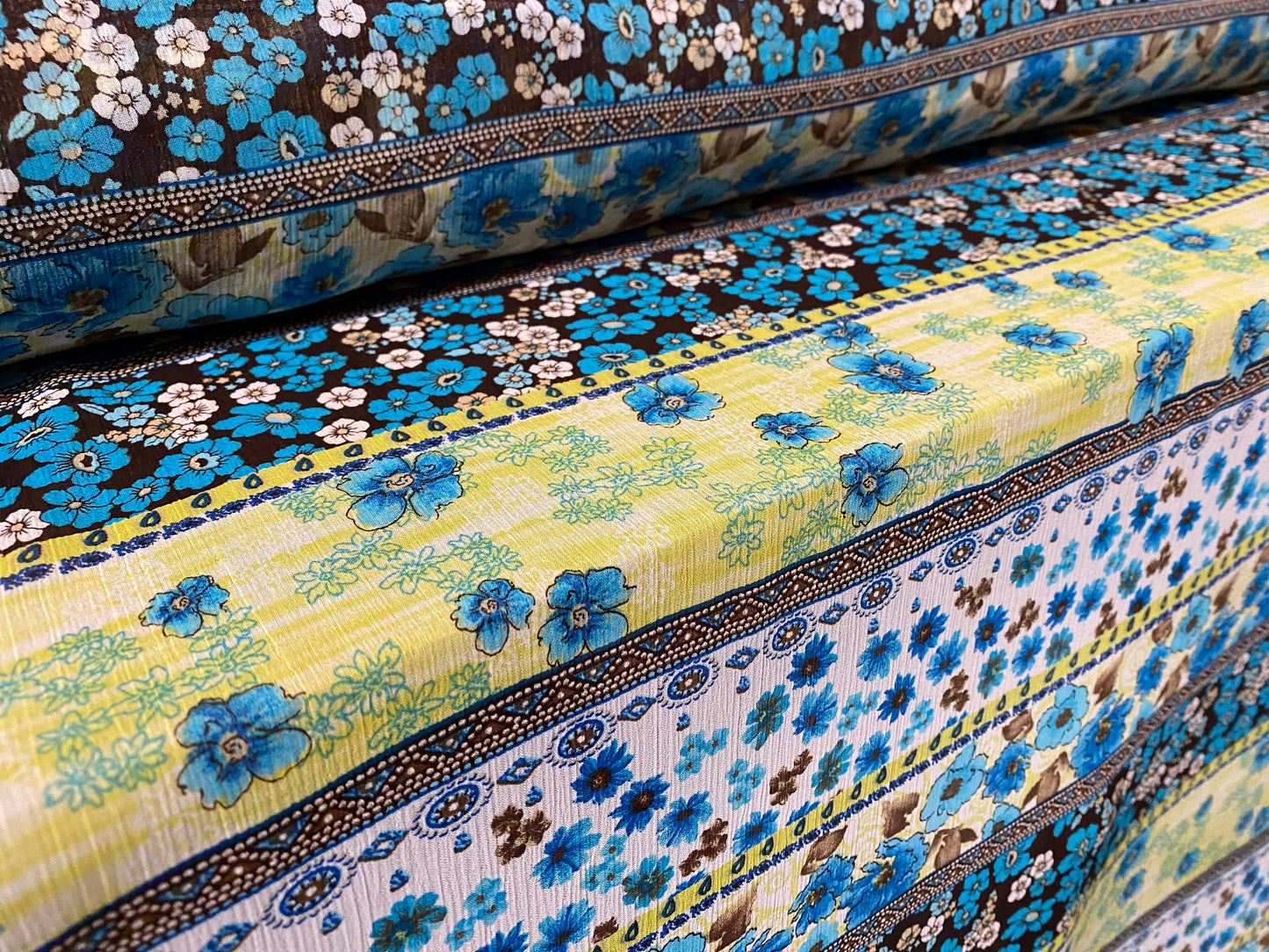 Printed chiffon yoryu dress blouse fabric, per metre - floral stripe print - turquoise & blue