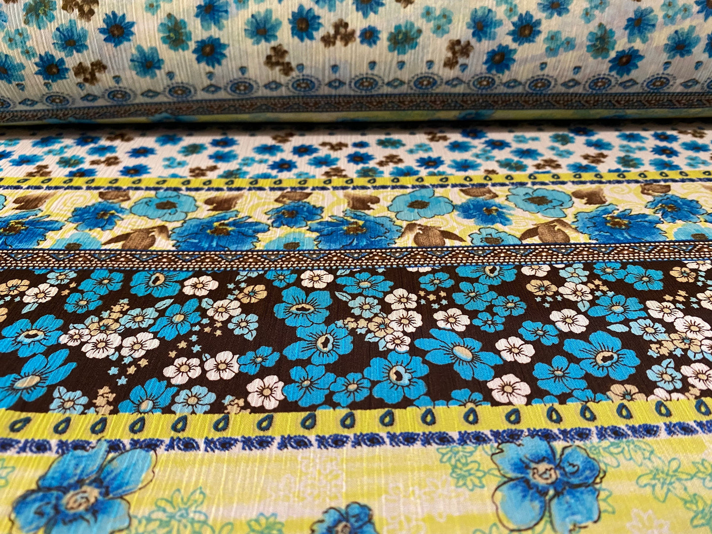 Printed chiffon yoryu dress blouse fabric, per metre - floral stripe print - turquoise & blue