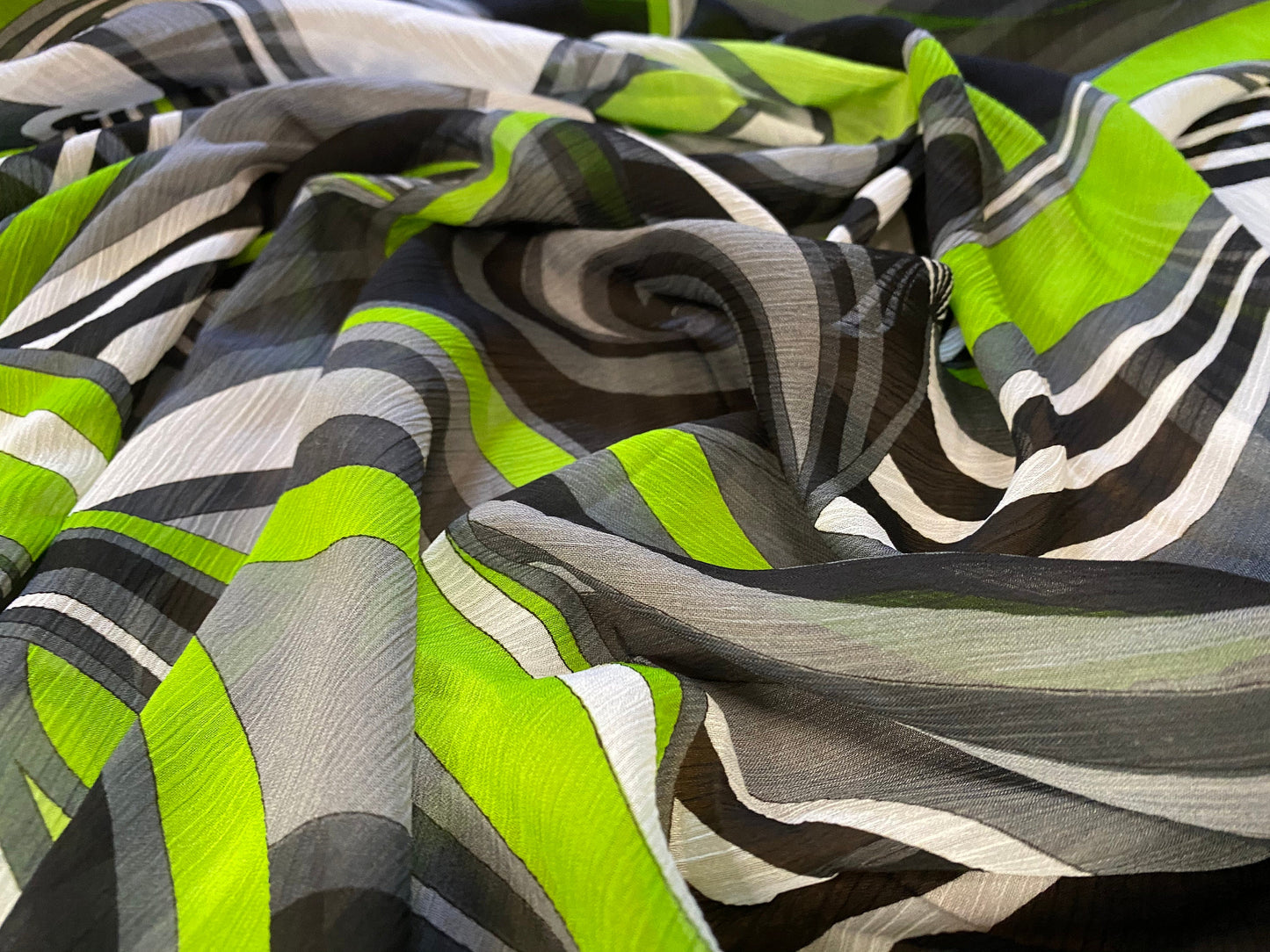 Printed chiffon yoryu dress blouse fabric, per metre - retro swirl print - green & black