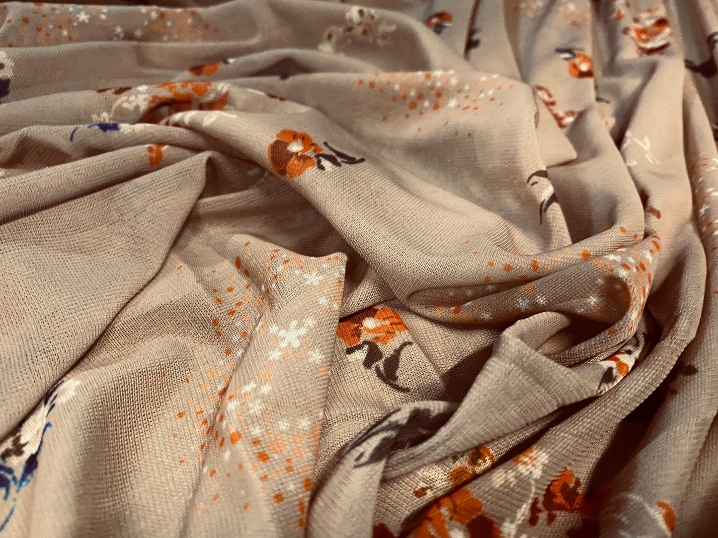 Chiffon jersey dress blouse fabric, per metre - Light brown with orange floral ditsy print