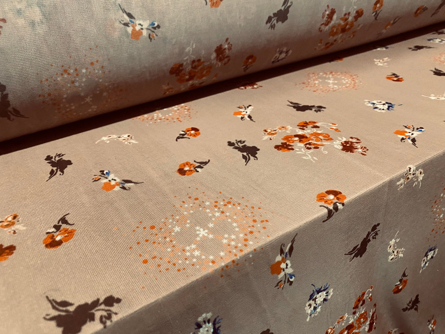 Chiffon jersey dress blouse fabric, per metre - Light brown with orange floral ditsy print