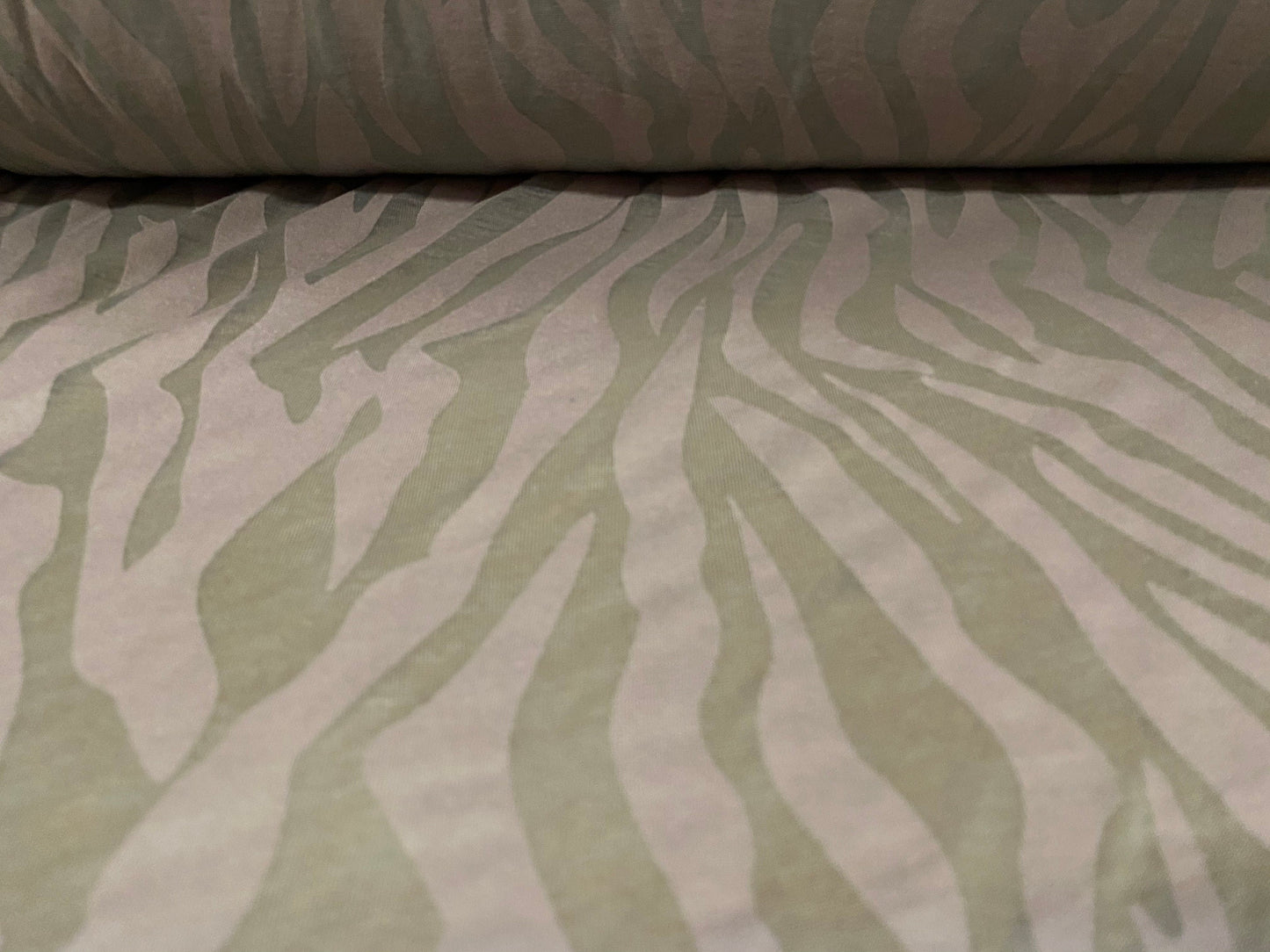 Cotton blend zebra print devoré burnout single jersey fabric, per metre - Stone & green