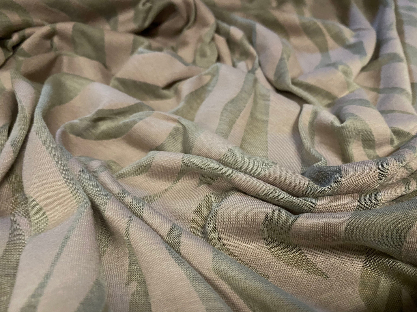 Cotton blend zebra print devoré burnout single jersey fabric, per metre - Stone & green