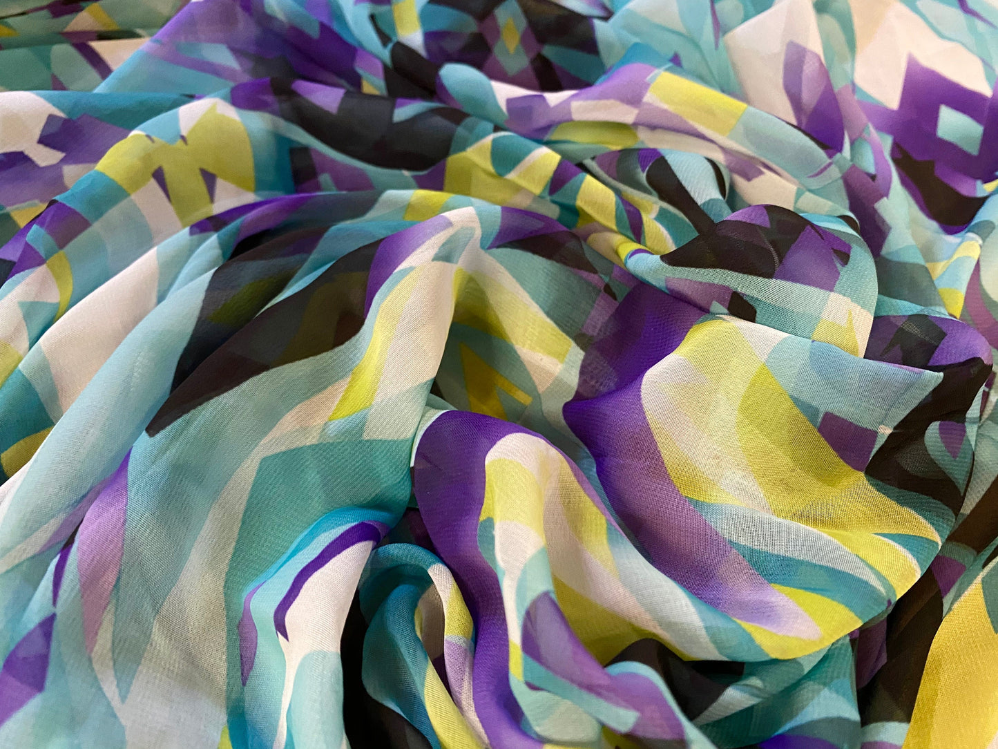 Printed chiffon woven dress blouse fabric, per metre - 80s retro geometric print - aqua & purple