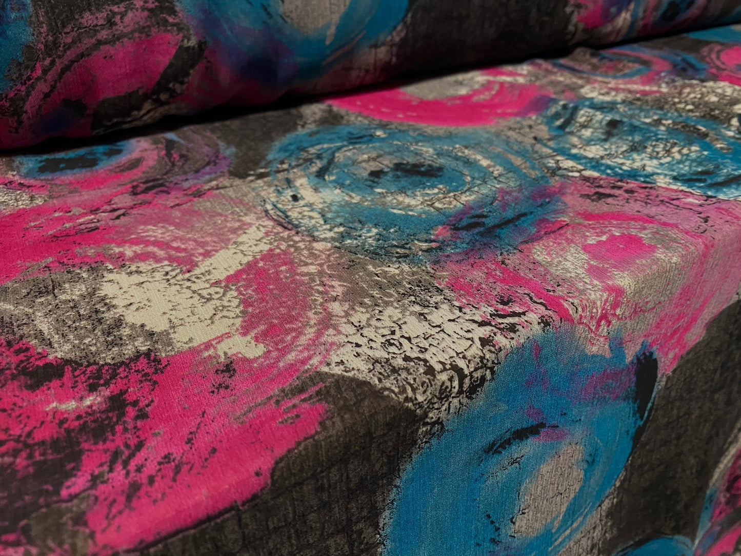Printed chiffon yoryu dress blouse fabric, per metre - circle swirl print - grey & turquoise