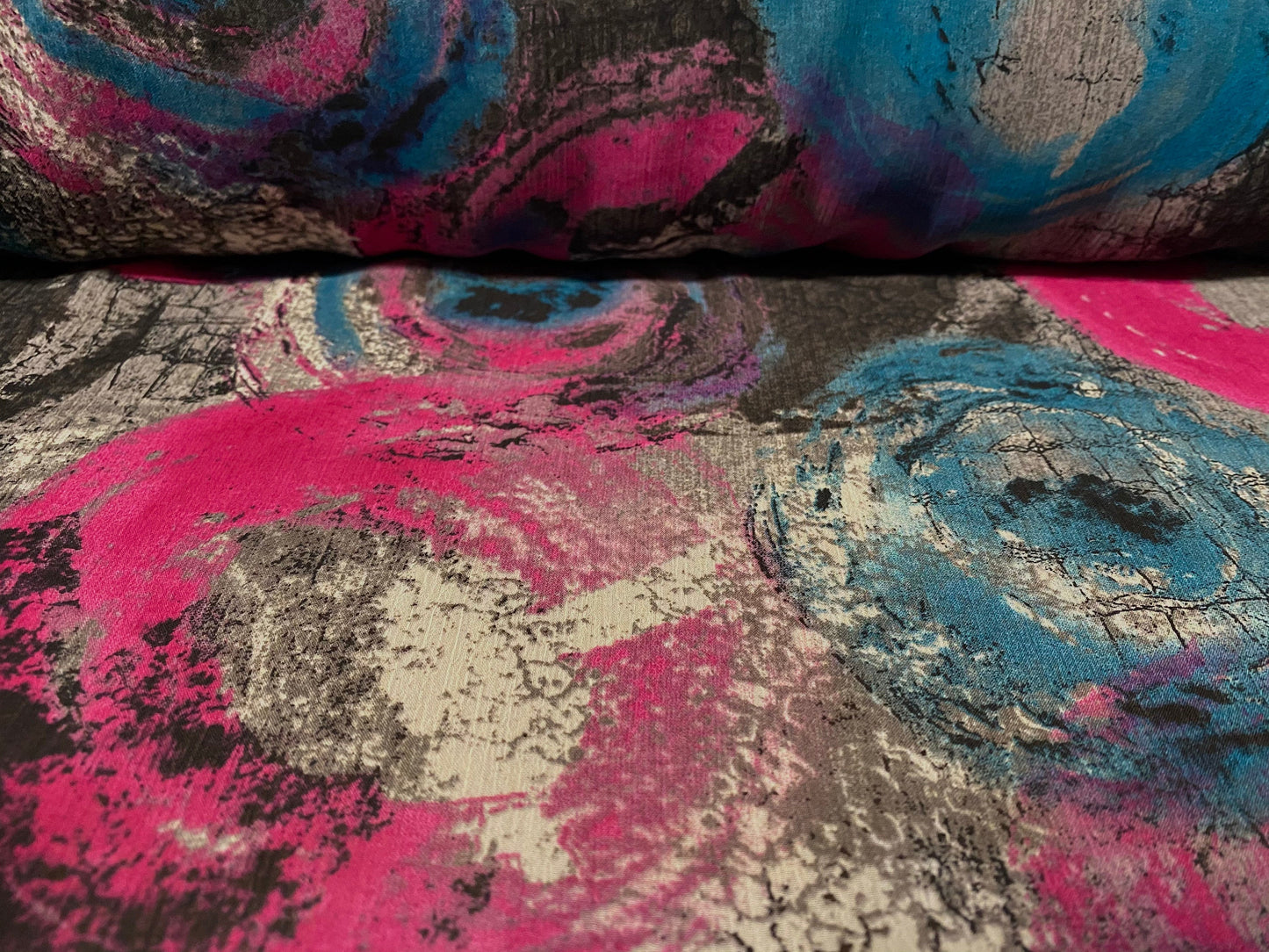 Printed chiffon yoryu dress blouse fabric, per metre - circle swirl print - grey & turquoise
