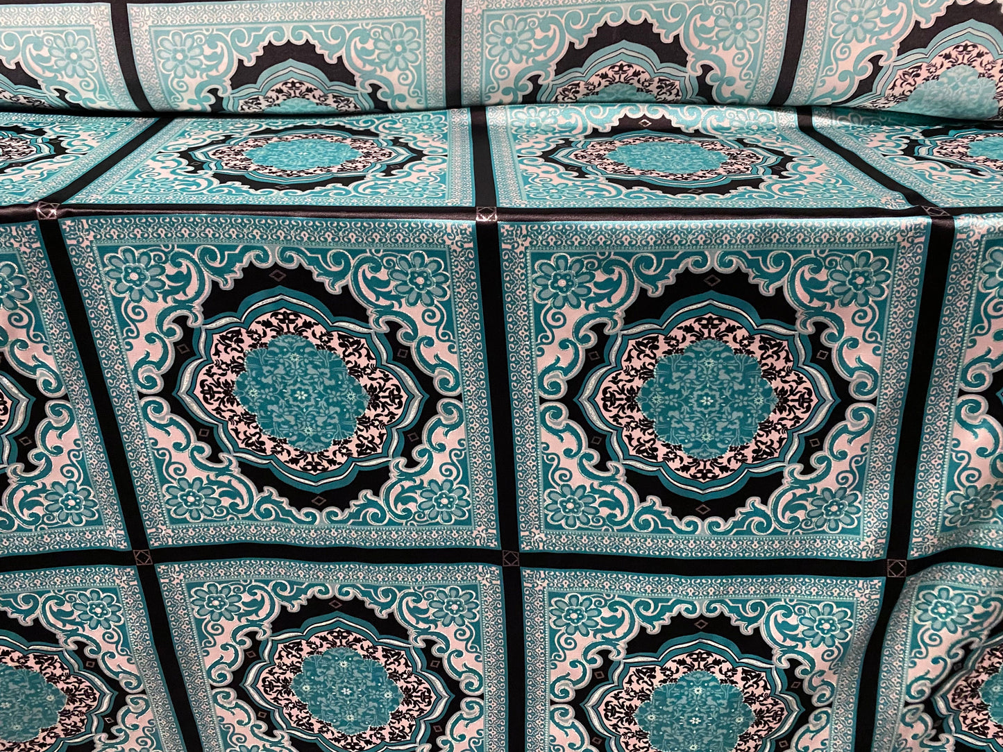Silky Stretch satin dress fabric, per metre - paisley geometric print - black & turquoise