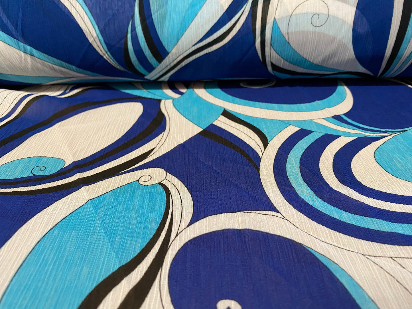 Printed chiffon yoryu dress blouse fabric, per metre - 60s swirl print - Royal blue