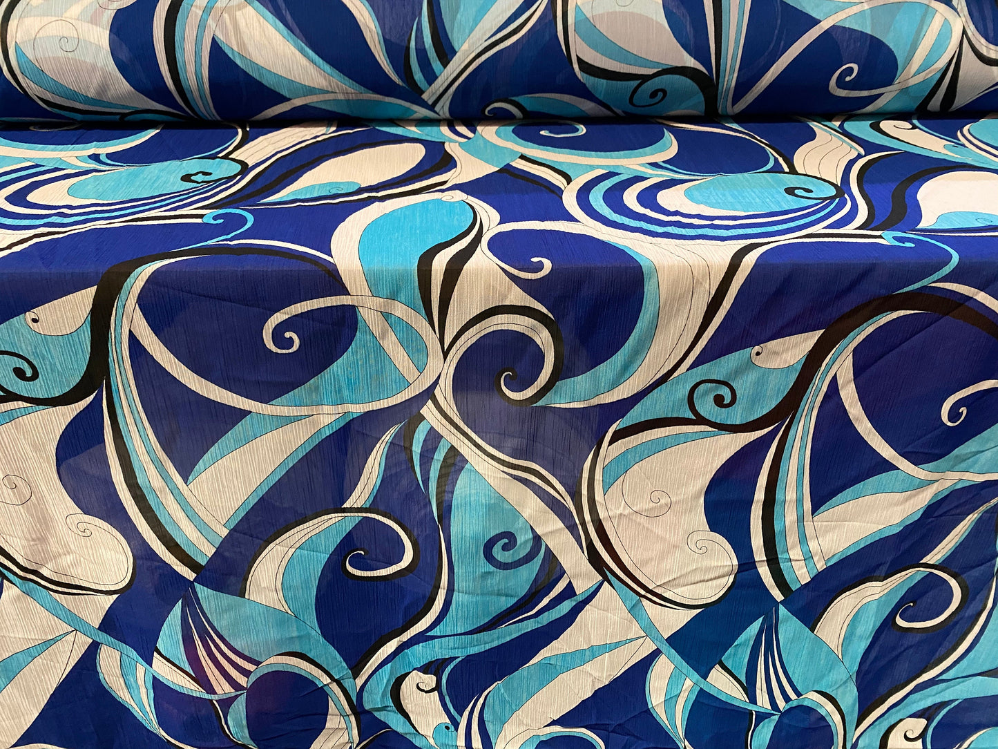 Printed chiffon yoryu dress blouse fabric, per metre - 60s swirl print - Royal blue