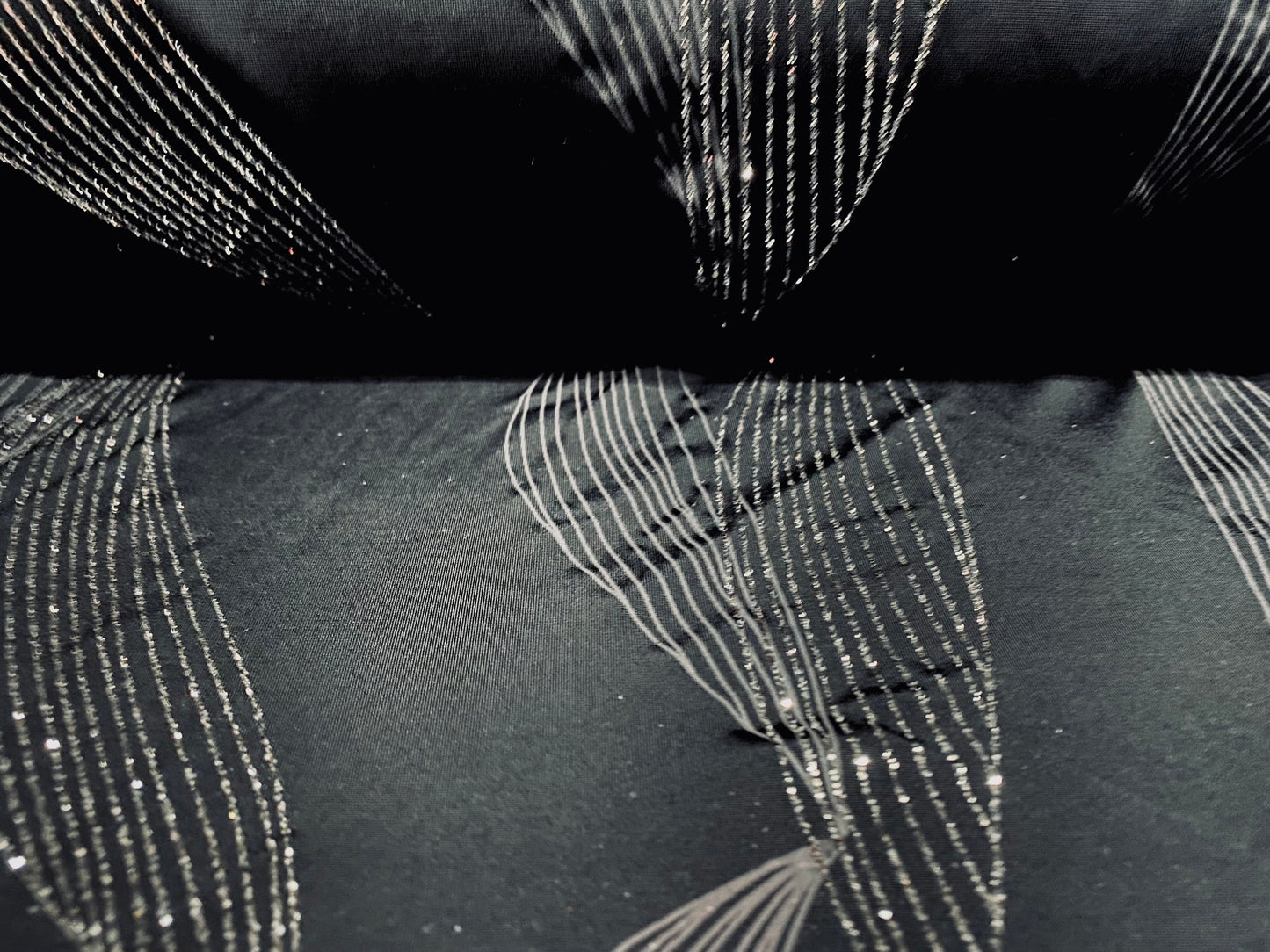 Spandex stretch jersey fabric, per metre - black with silver glitter swirl print