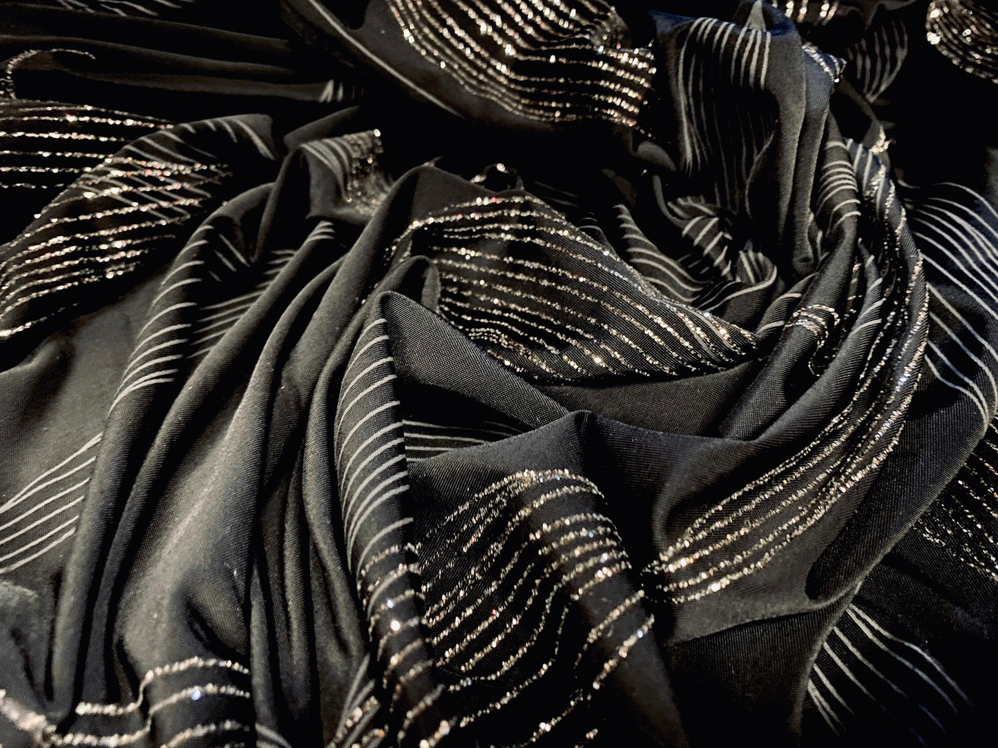 Spandex stretch jersey fabric, per metre - black with silver glitter swirl print