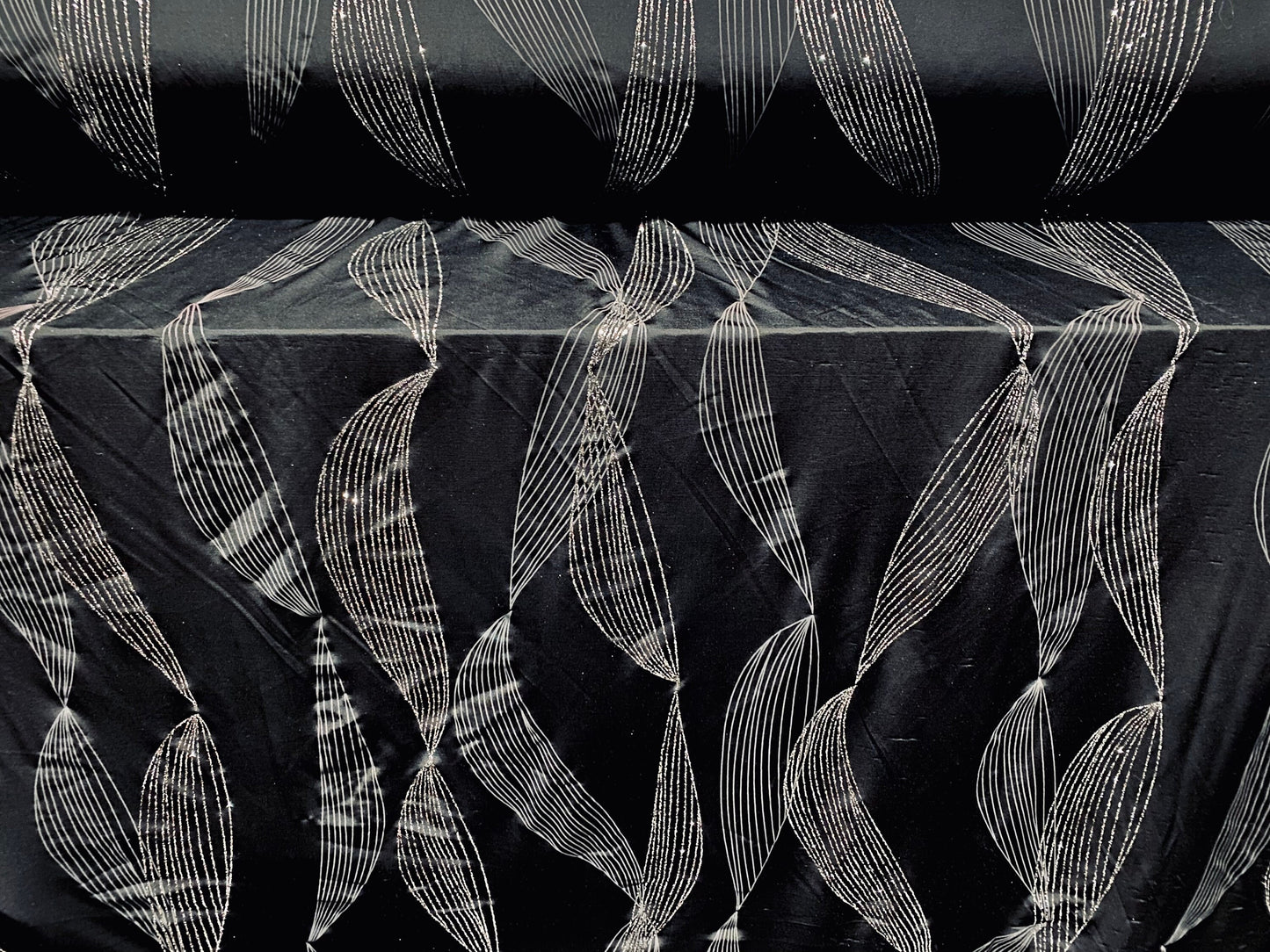 Spandex stretch jersey fabric, per metre - black with silver glitter swirl print