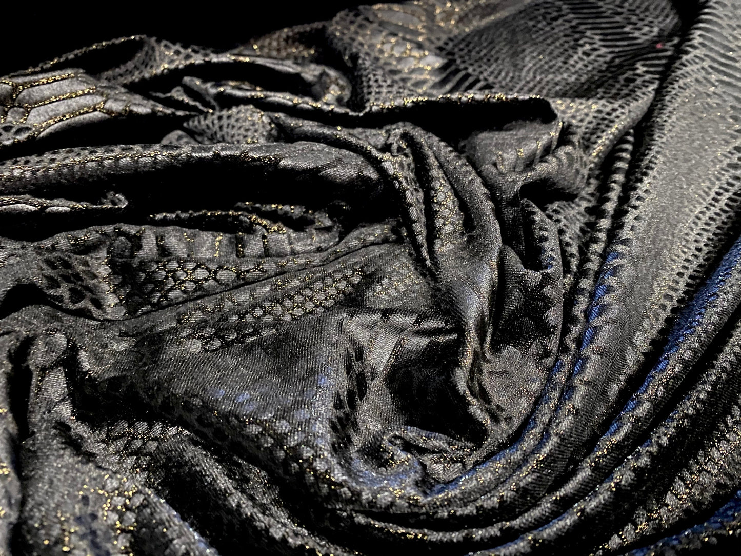 Spandex velvet stretch fabric, per metre - embossed crocodile print - black & gold