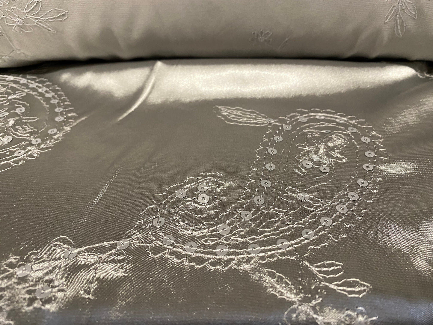 Silky Stretch charmeuse satin dress fabric, per metre - paisley embroidery and sequins - silver