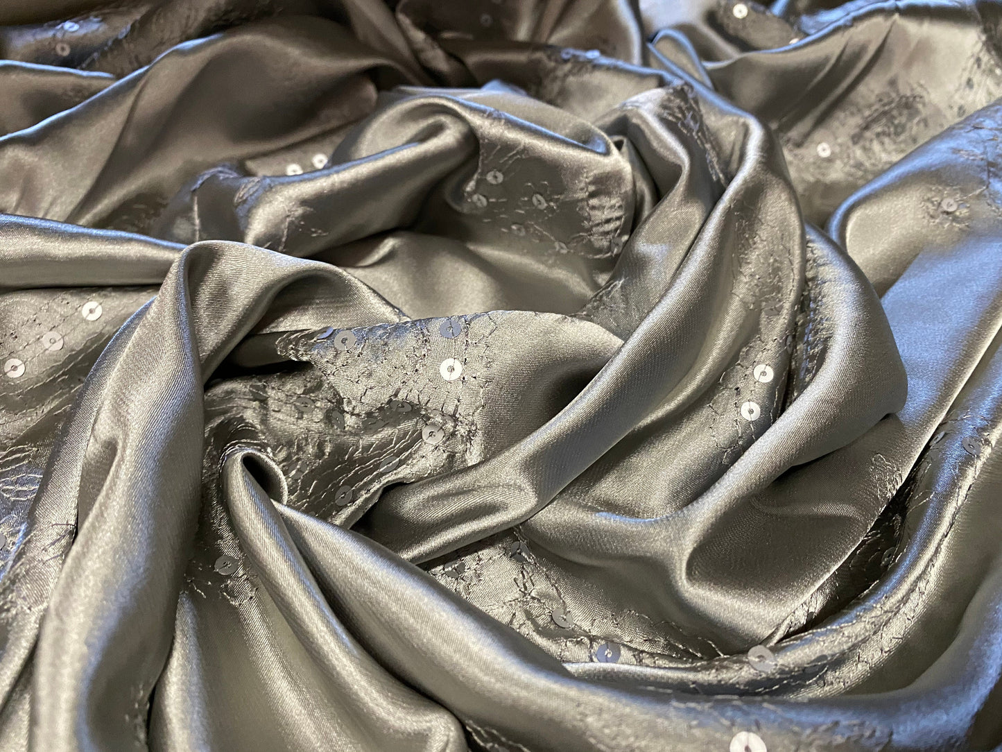 Silky Stretch charmeuse satin dress fabric, per metre - paisley embroidery and sequins - silver