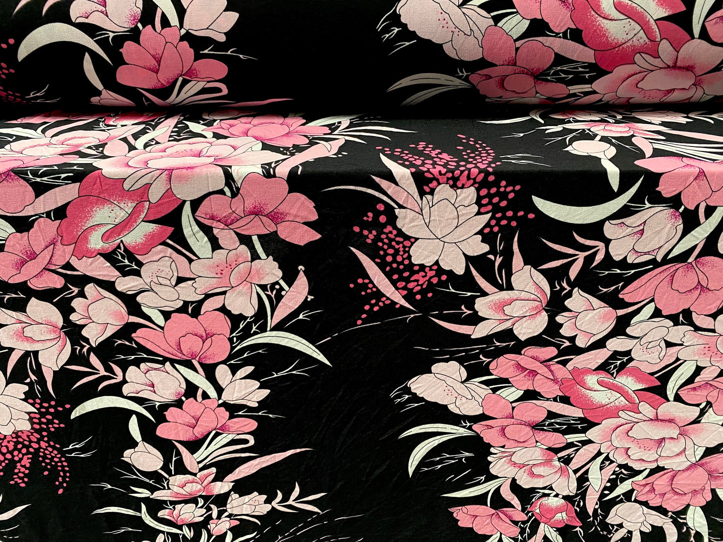 Spandex stretch ITY jersey fabric, per metre - black with pink flower print