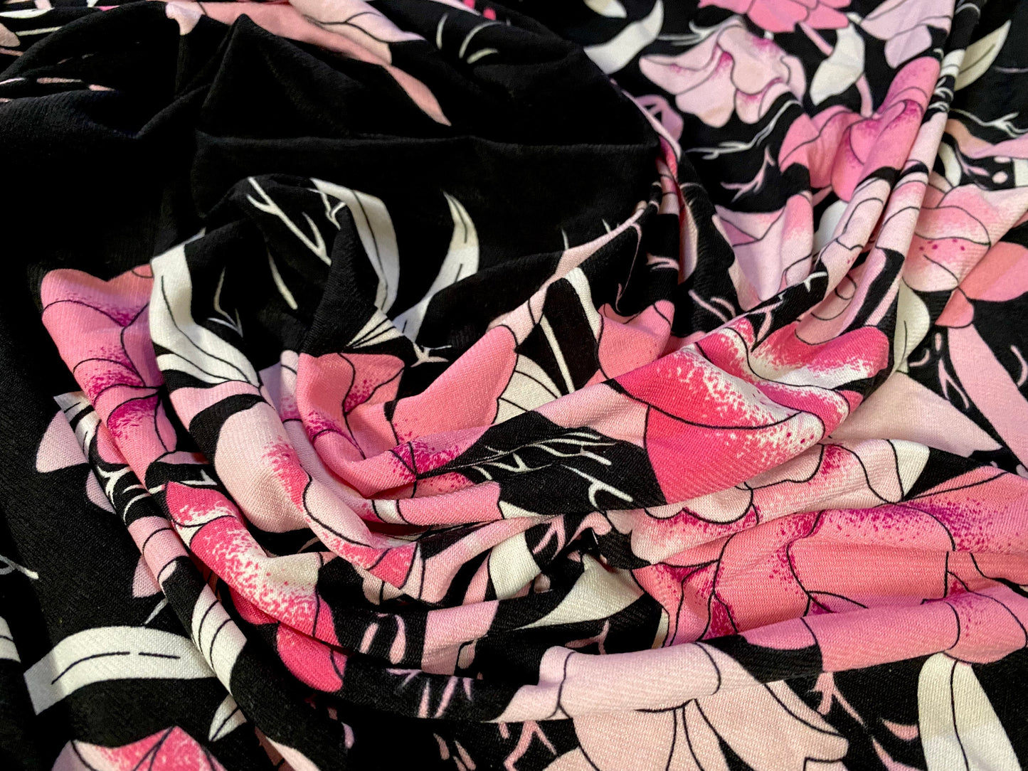 Spandex stretch ITY jersey fabric, per metre - black with pink flower print