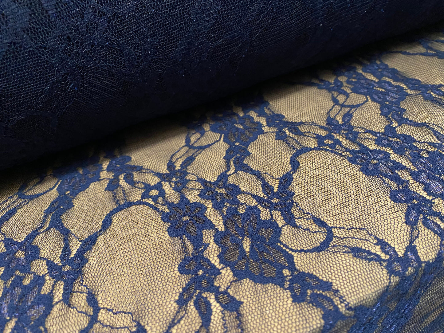 Stretch mesh lace net floral fabric, per metre - dark navy