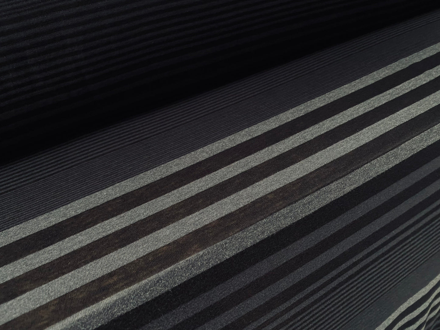 Viscose single jersey fabric, per metre - lightweight charcoal variated stripe
