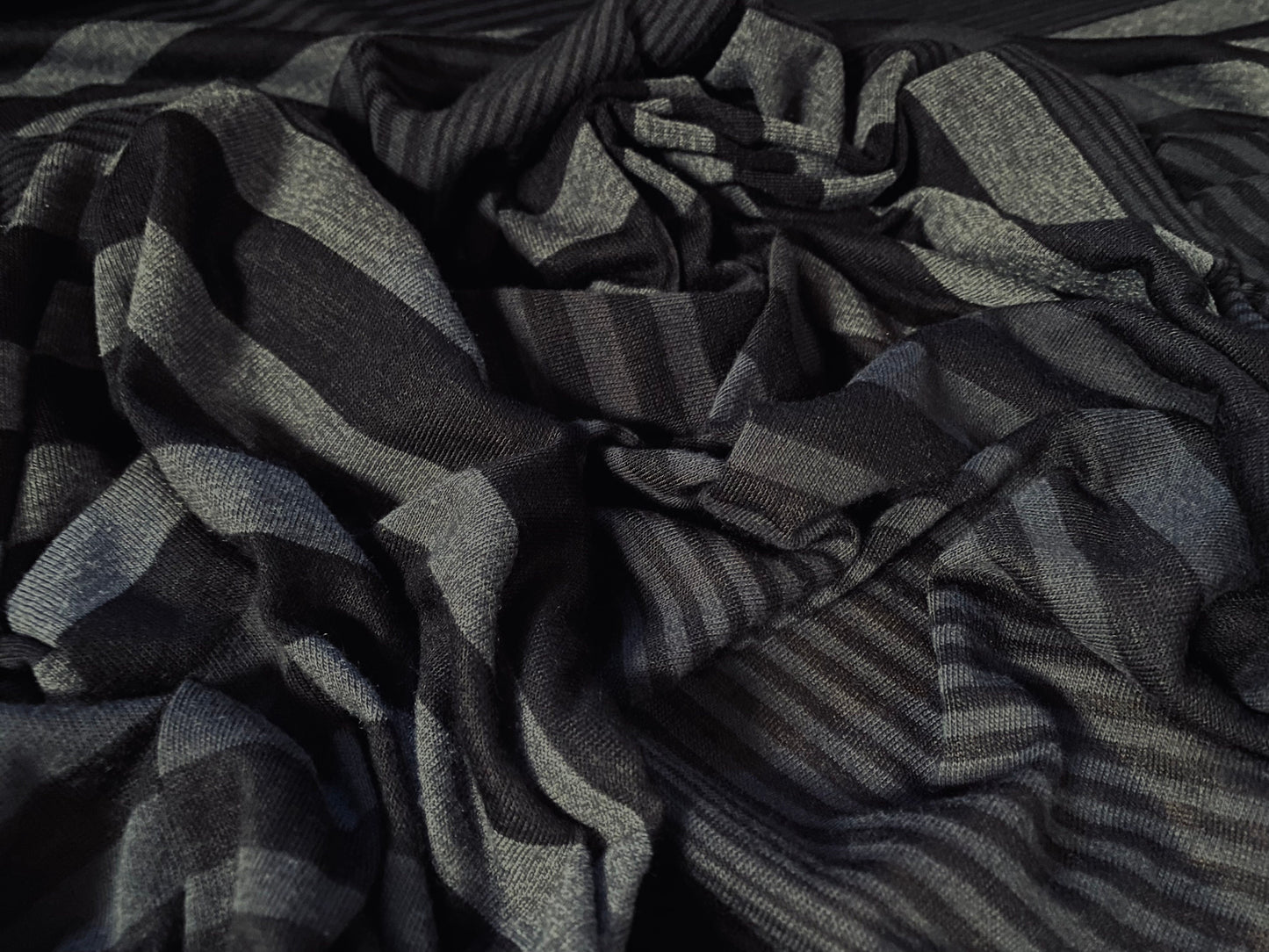 Viscose single jersey fabric, per metre - lightweight charcoal variated stripe