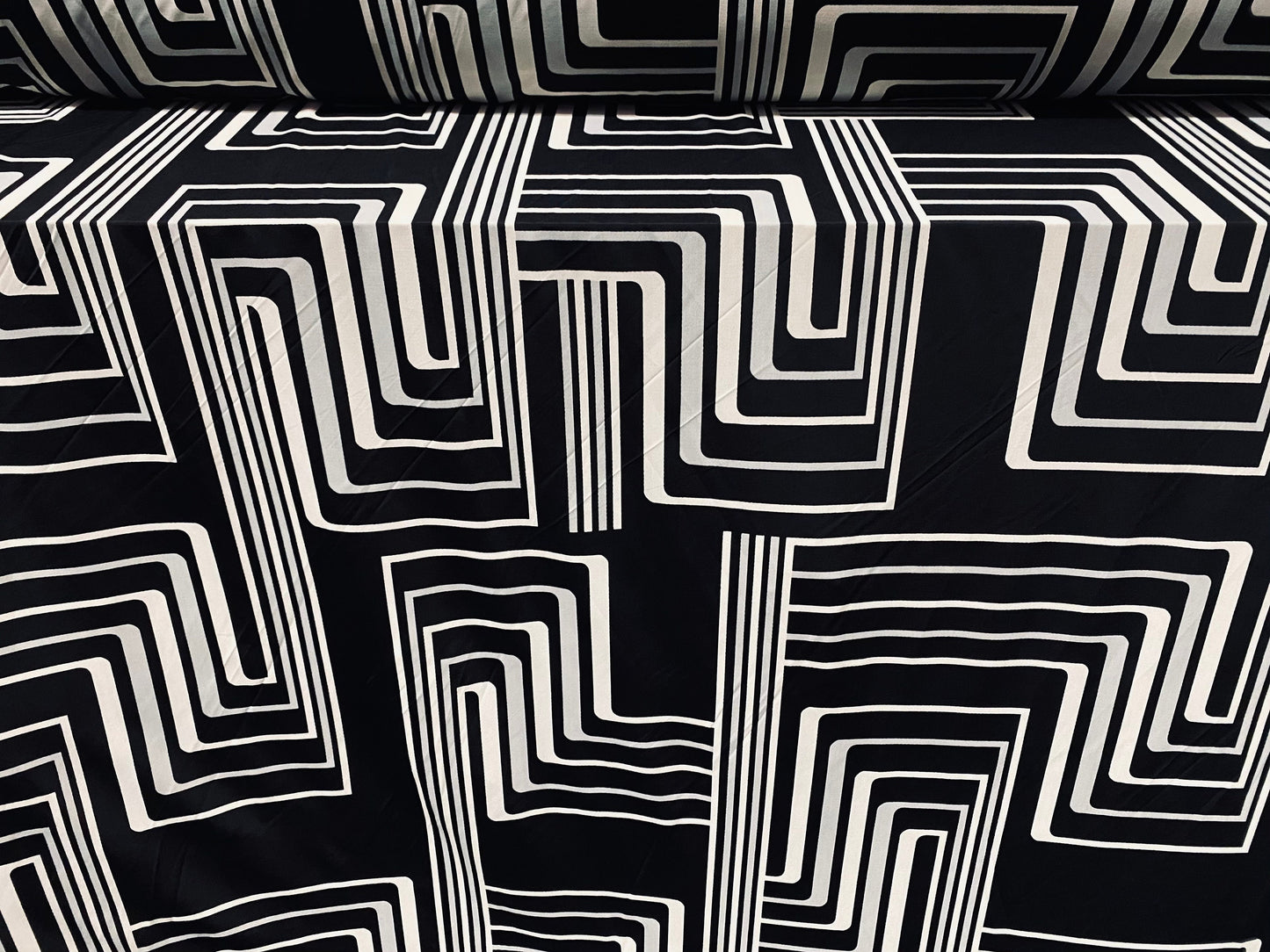 Spandex stretch ITY jersey fabric, per metre - black with black & grey retro geometric print