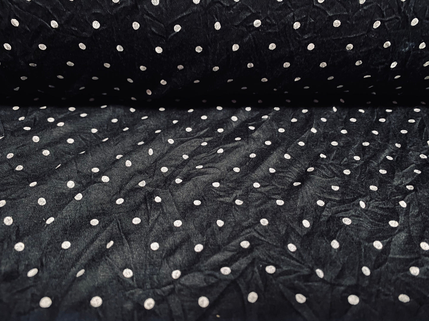 Crush soft handle single jersey dress fabric, per metre - black with white spots print