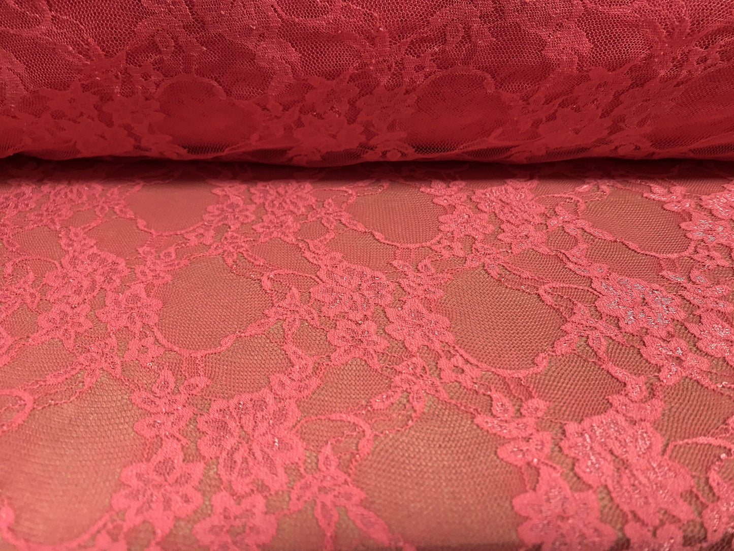 Floral stretch lace net fabric, per metre - coral