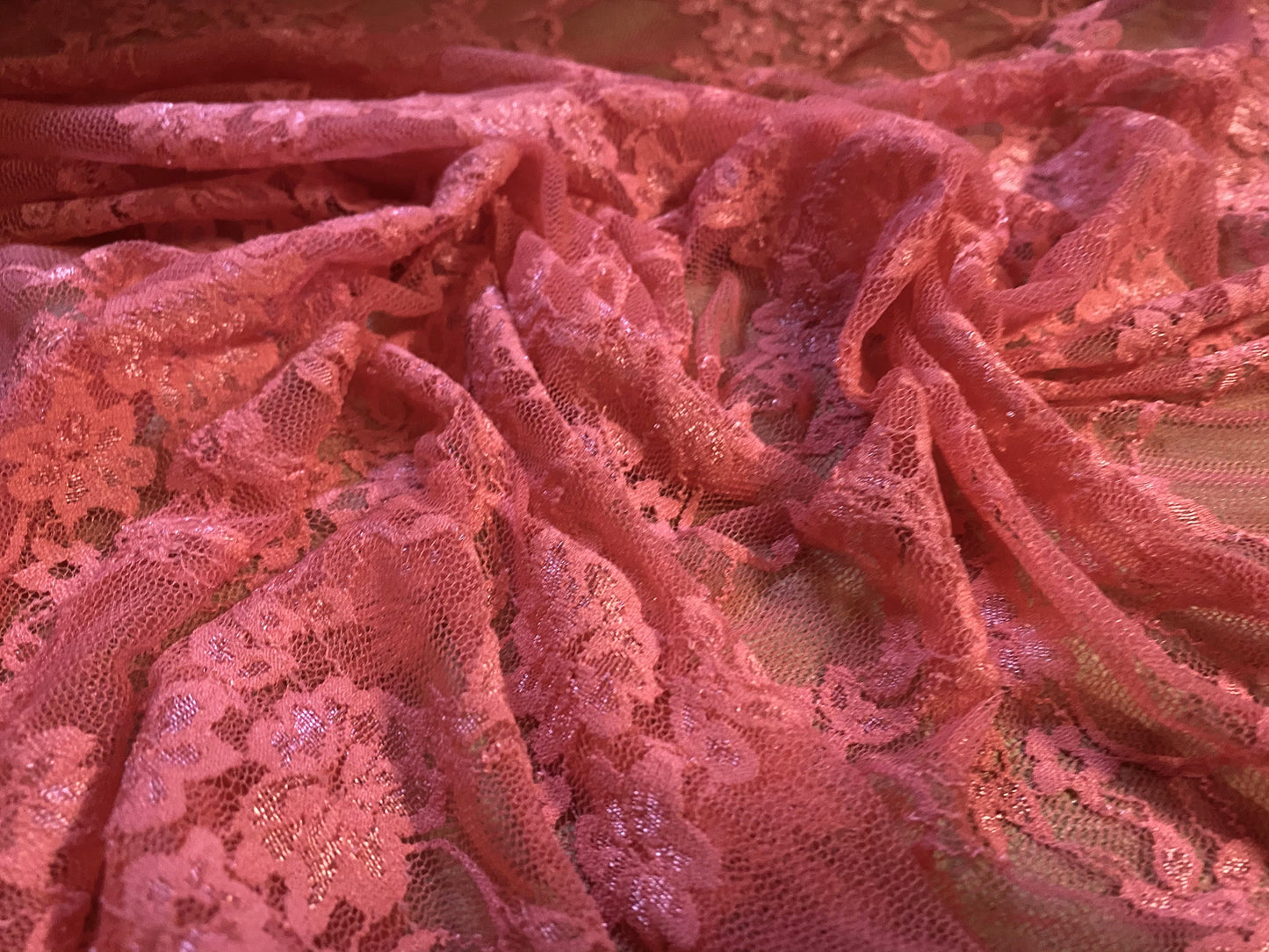 Floral stretch lace net fabric, per metre - coral