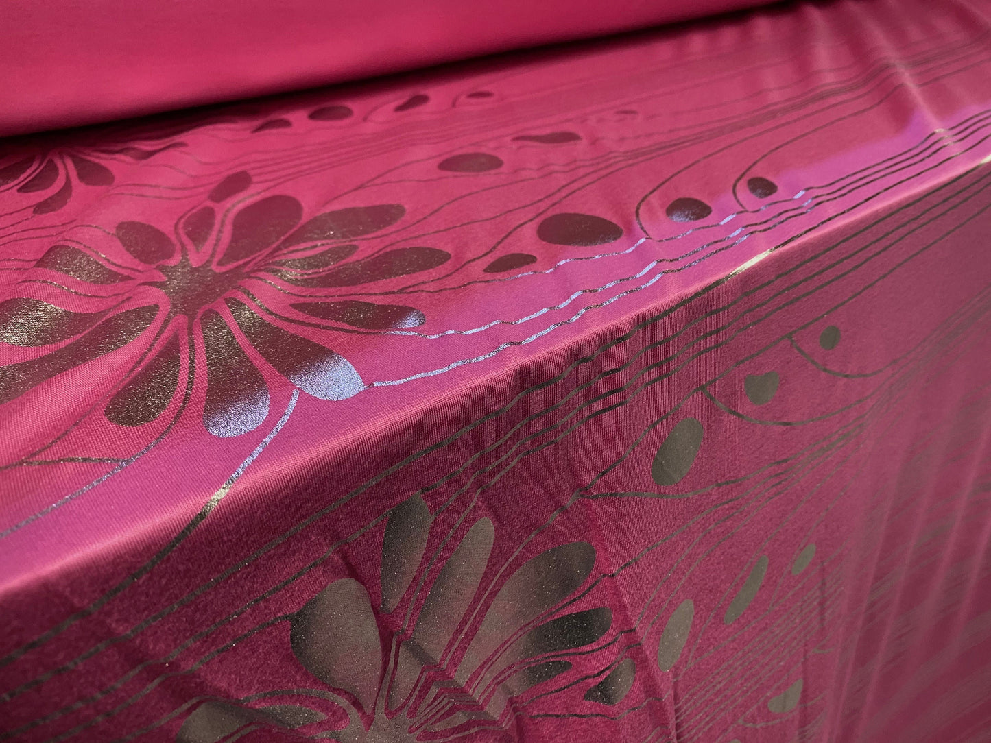 Viscose Elastane stretch single Jersey Fabric, per metre - silver metallic flower double border print - pink