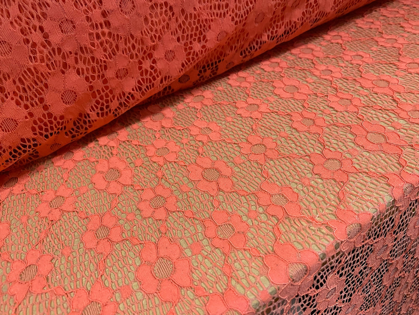 Flower design stretch spandex lace fabric, per metre - coral