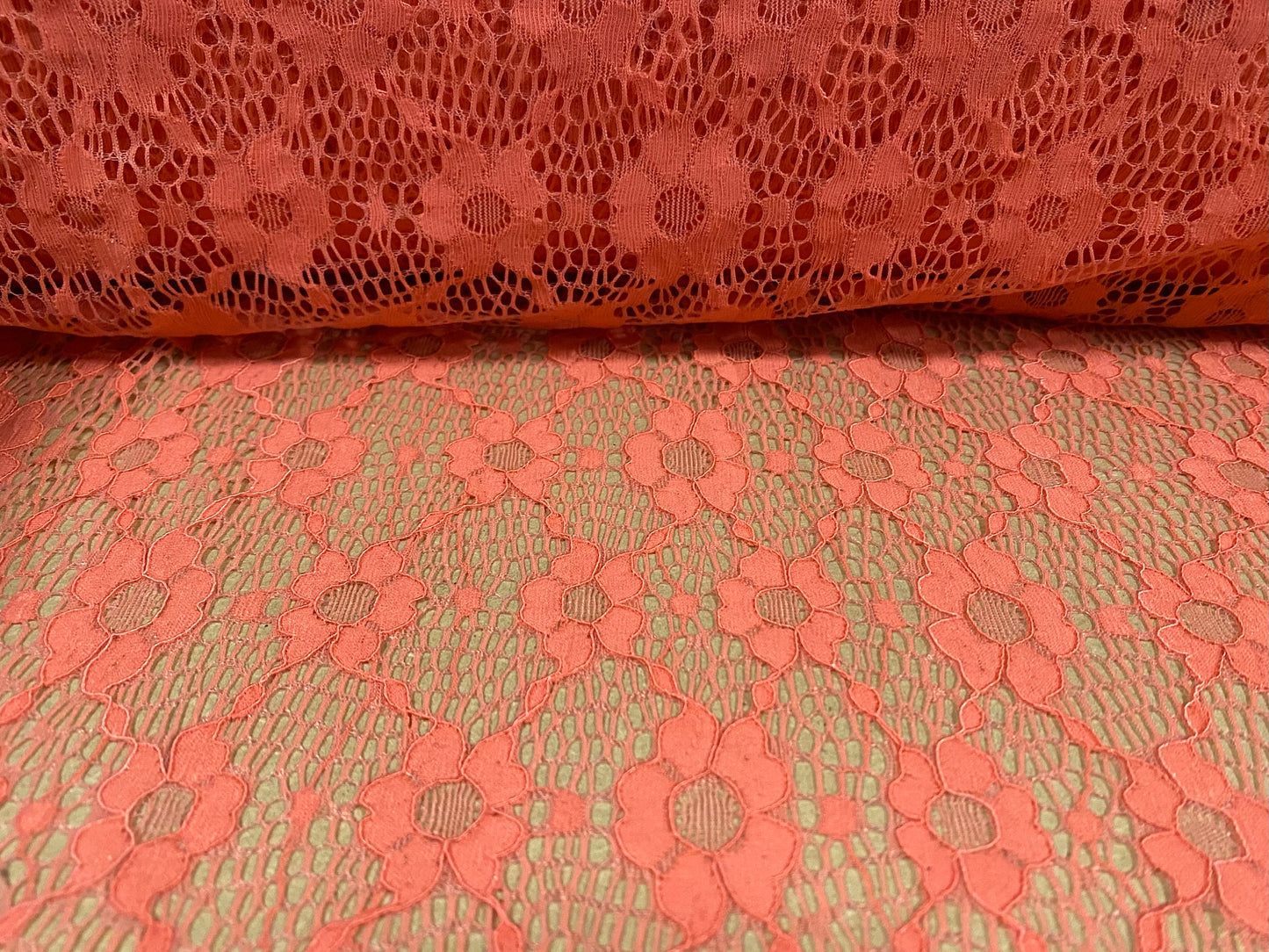 Flower design stretch spandex lace fabric, per metre - coral