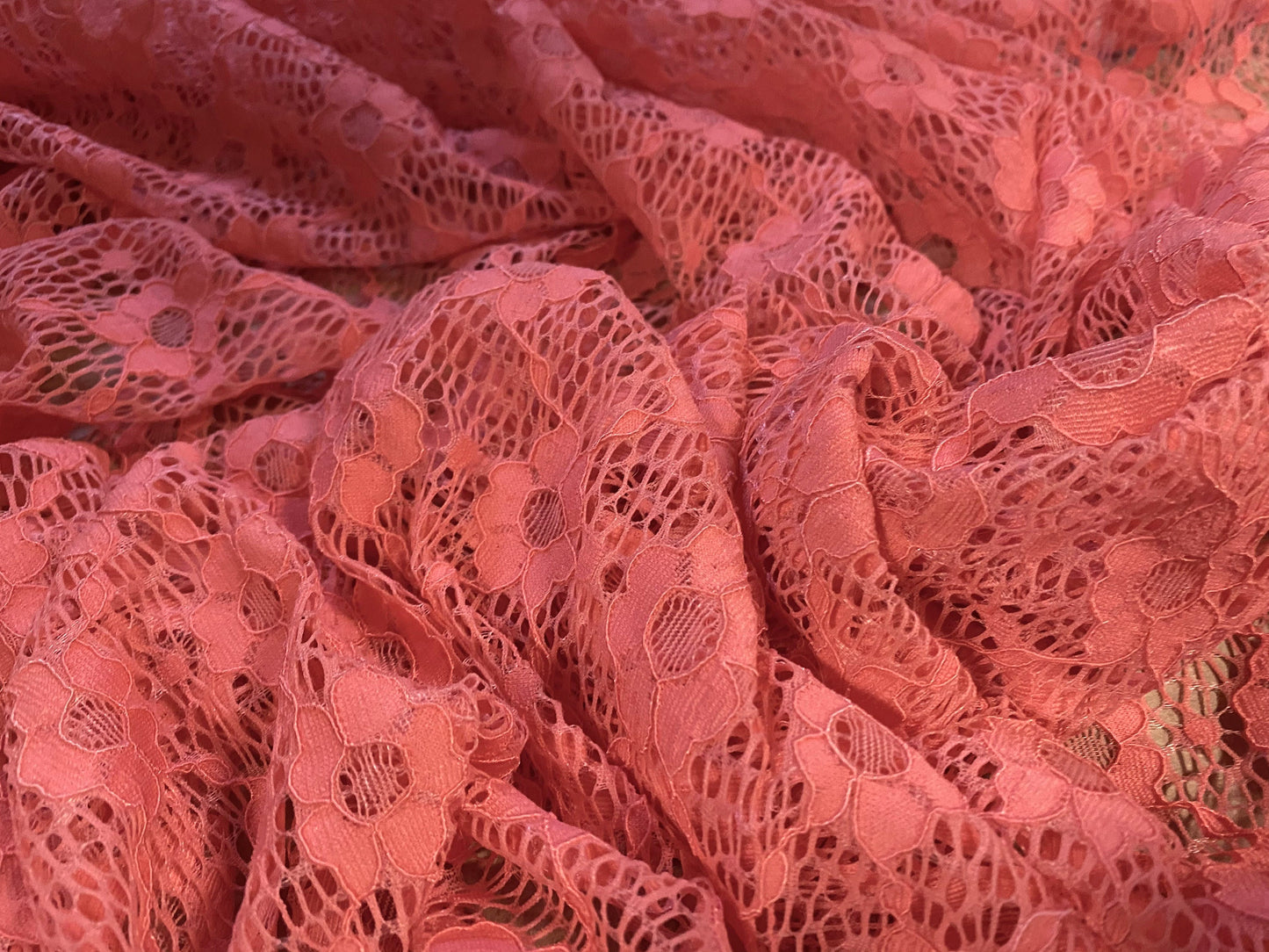 Flower design stretch spandex lace fabric, per metre - coral