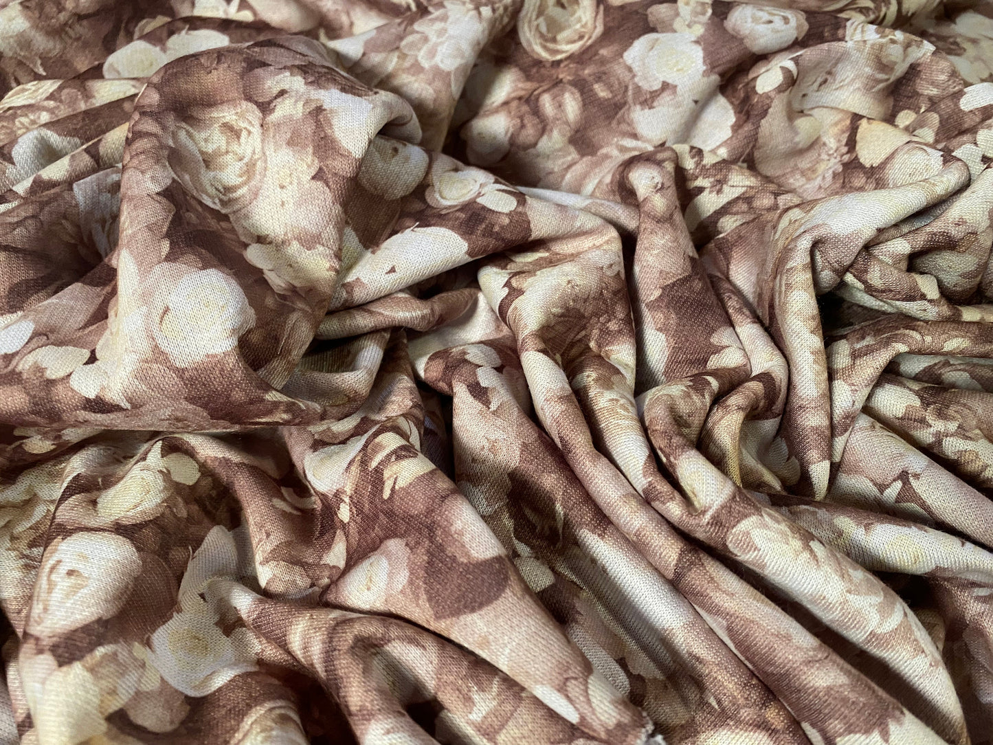 Sweatshirt fleece soft jersey fabric, per metre - Light brown rose print