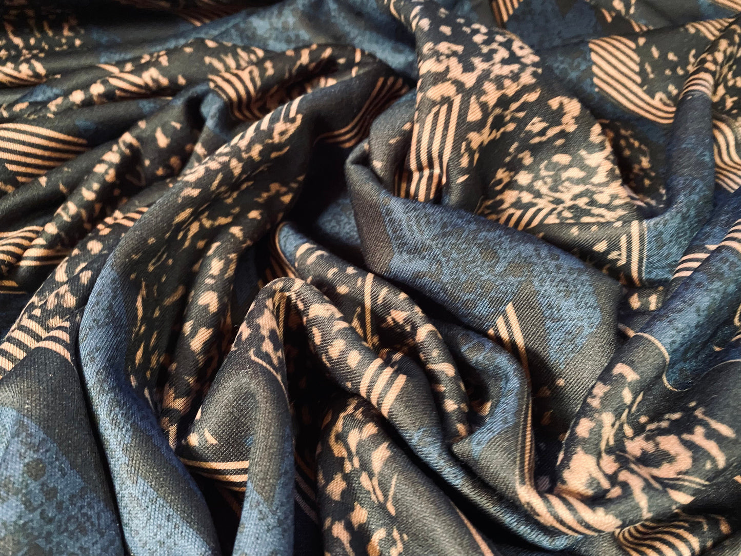Sweatshirt fleece soft jersey fabric, per metre - Siena brown with blue black 80s retro print