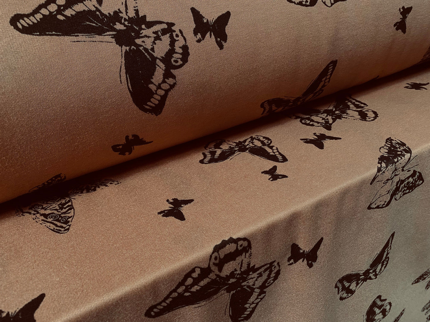 Sweatshirt fleece soft jersey fabric, per metre - Siena brown with black butterfly print