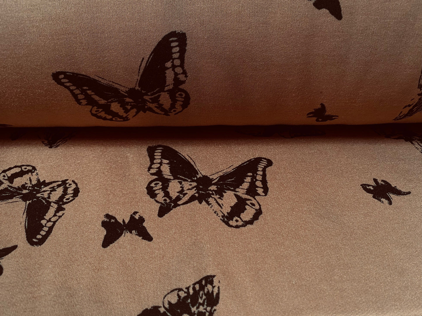 Sweatshirt fleece soft jersey fabric, per metre - Siena brown with black butterfly print