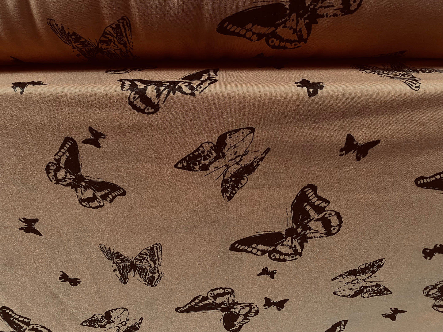 Sweatshirt fleece soft jersey fabric, per metre - Siena brown with black butterfly print