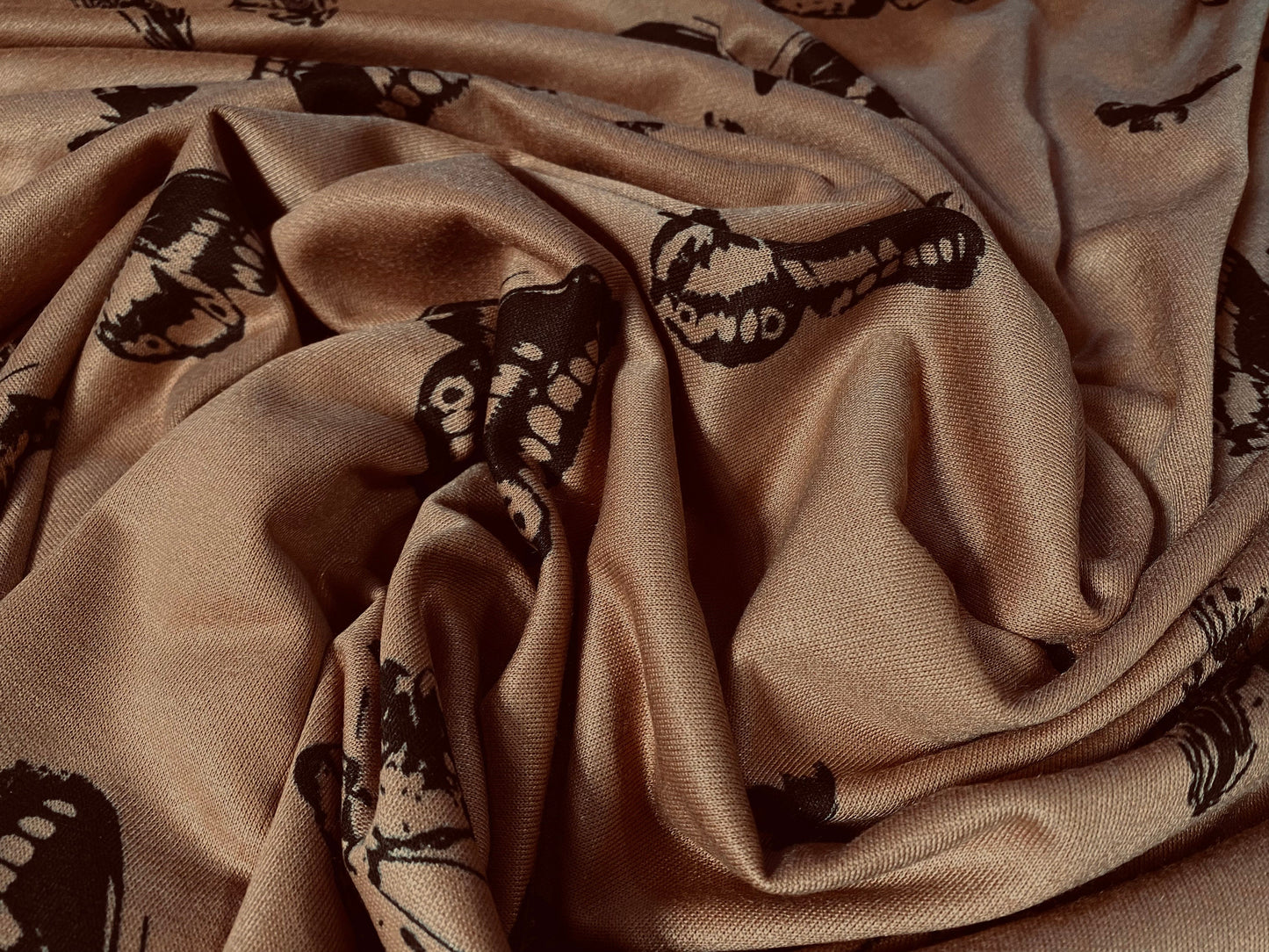 Sweatshirt fleece soft jersey fabric, per metre - Siena brown with black butterfly print