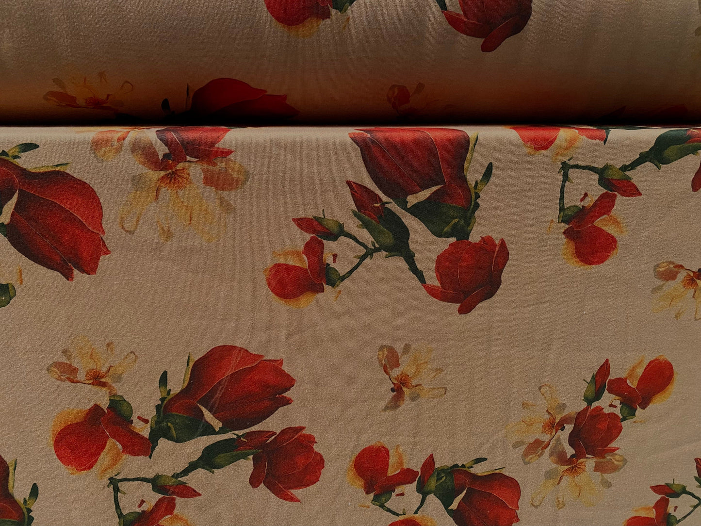 Sweatshirt fleece soft jersey fabric, per metre - Siena brown with red blossom flowerbud print