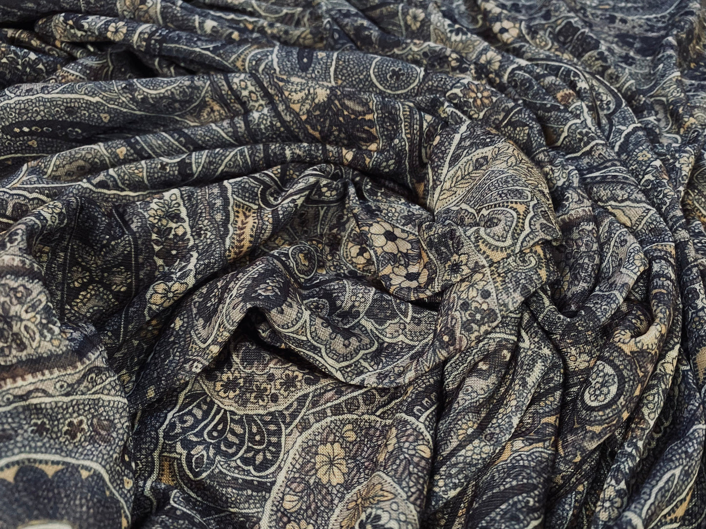 Slub single jersey printed fabric, per metre - paisley print - grey & tan