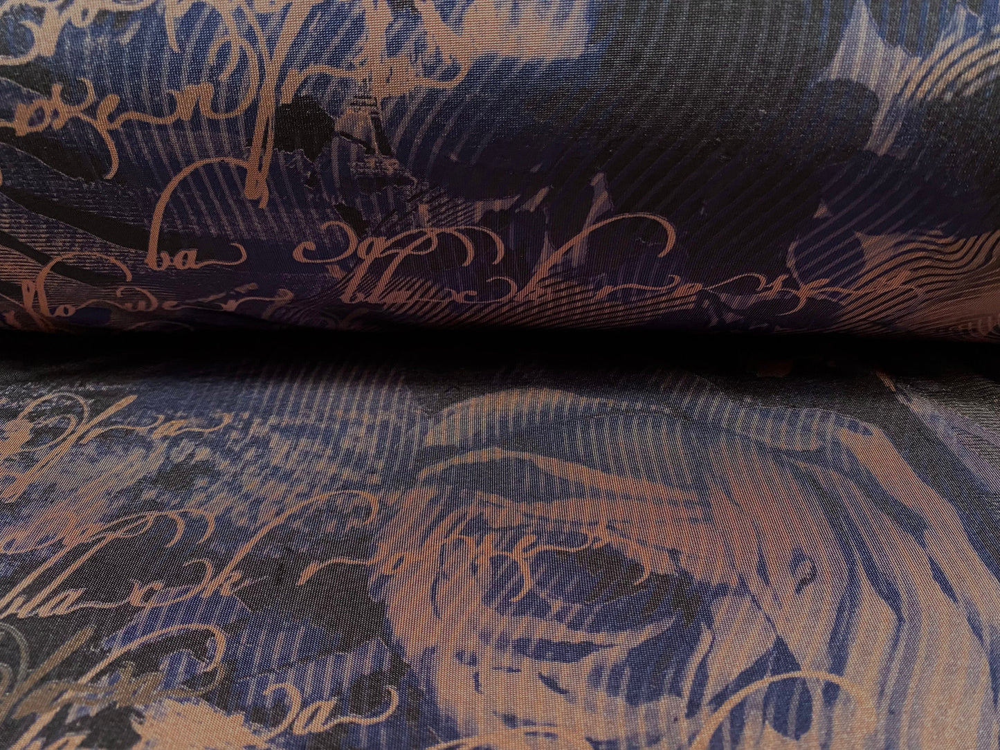 Disco shimmer stretch jersey fabric, per metre - distressed rose poem print - navy & dusky pink