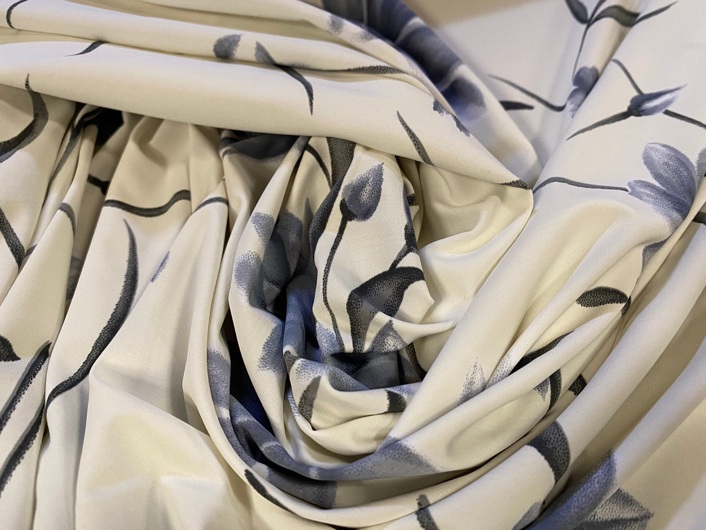 ITY stretch spandex Jersey fabric, per metre - Cream with powder blue grey flowers print