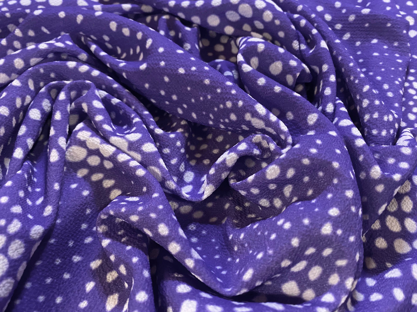 Spotty print bubble crepe woven dress fabric, per metre - purple swirl spotty print