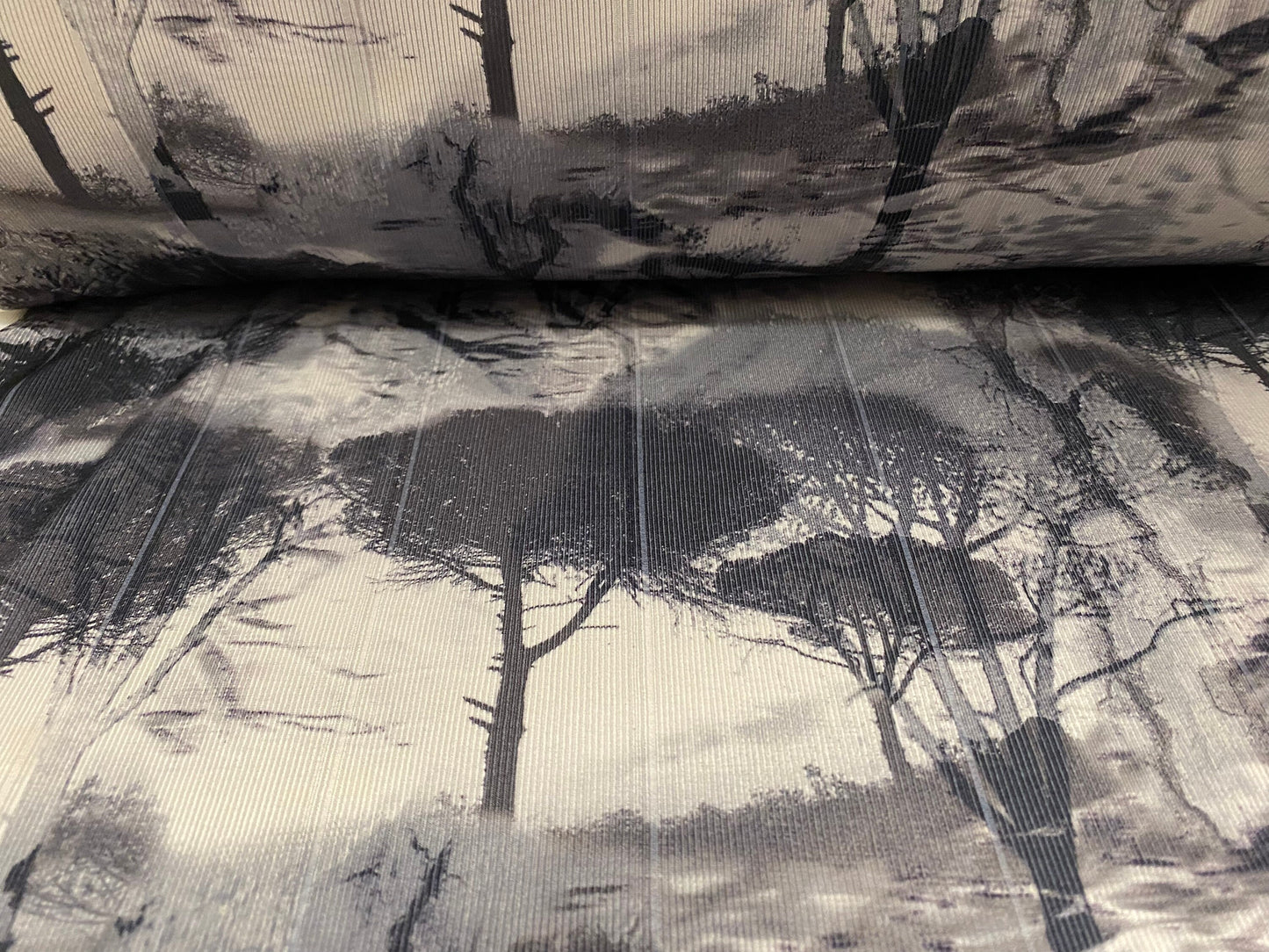 Bandage rib stretch jersey knit fashion fabric, per metre - woodland trees print - grey