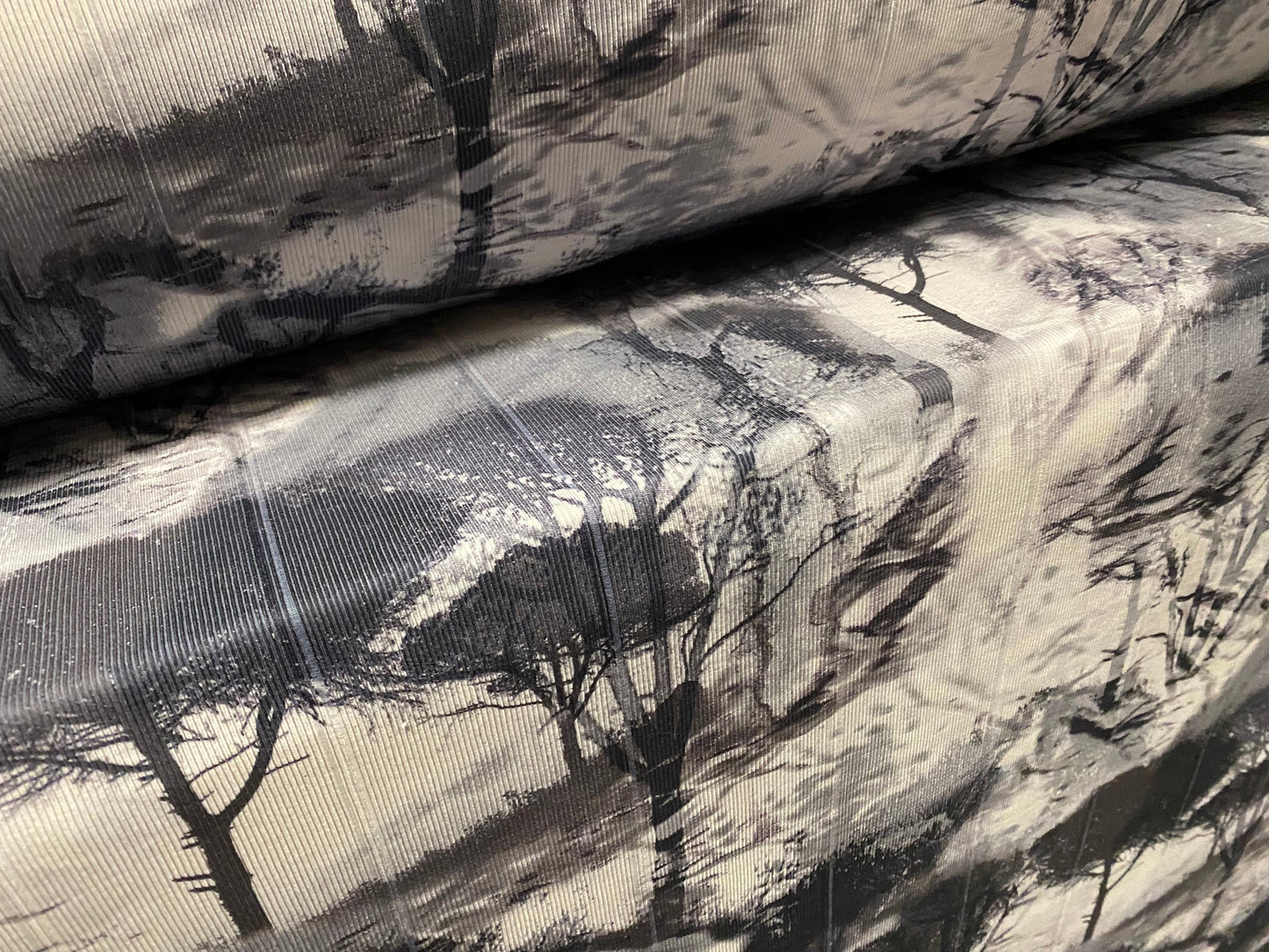 Bandage rib stretch jersey knit fashion fabric, per metre - woodland trees print - grey