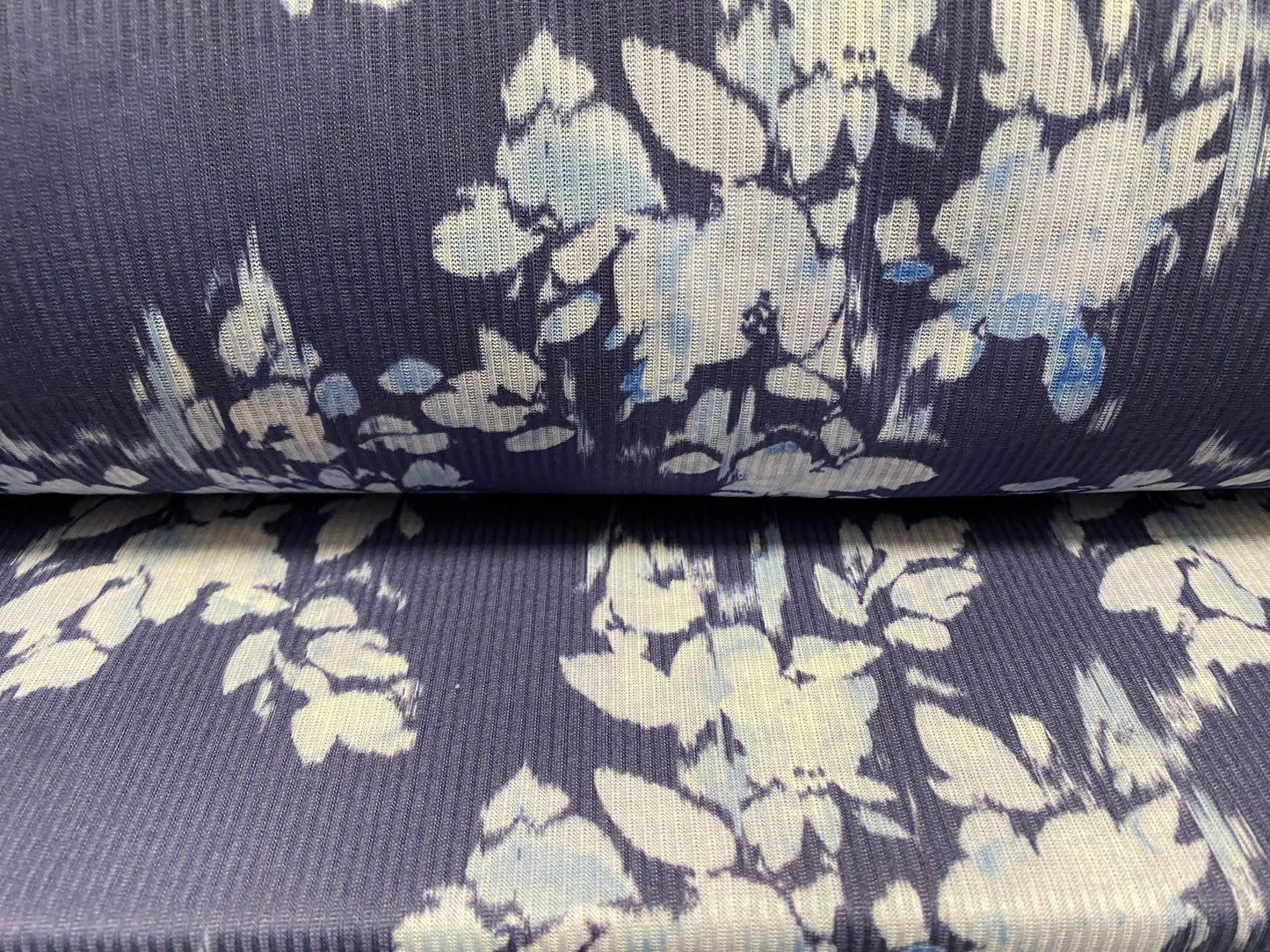 Soft touch rib jersey knit fabric, per metre - lavender blue floral print