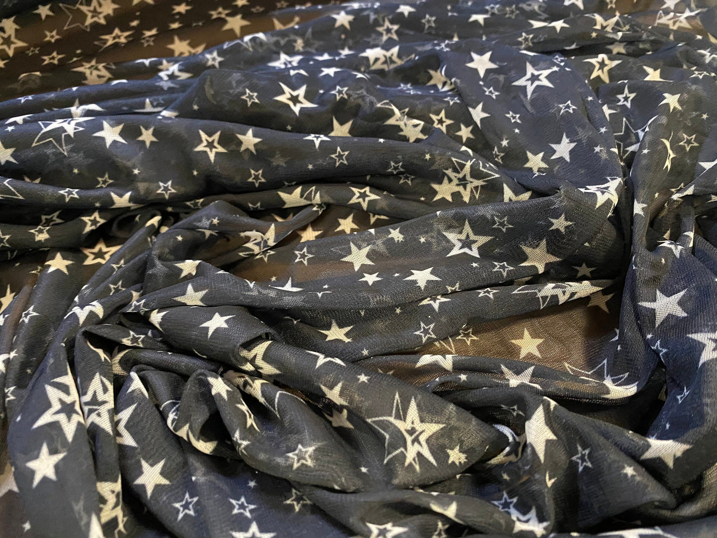 Chiffon jersey dress blouse fabric, per metre - stars print - dark grey & cream