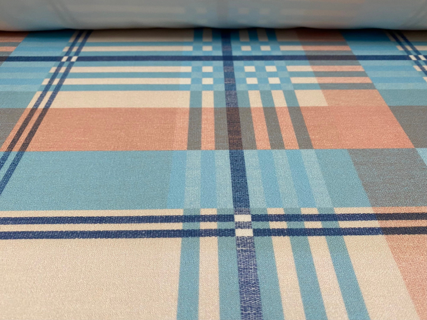 Scuba crepe fabric stretch spandex jersey, per metre - Sky blue & peach check plaid